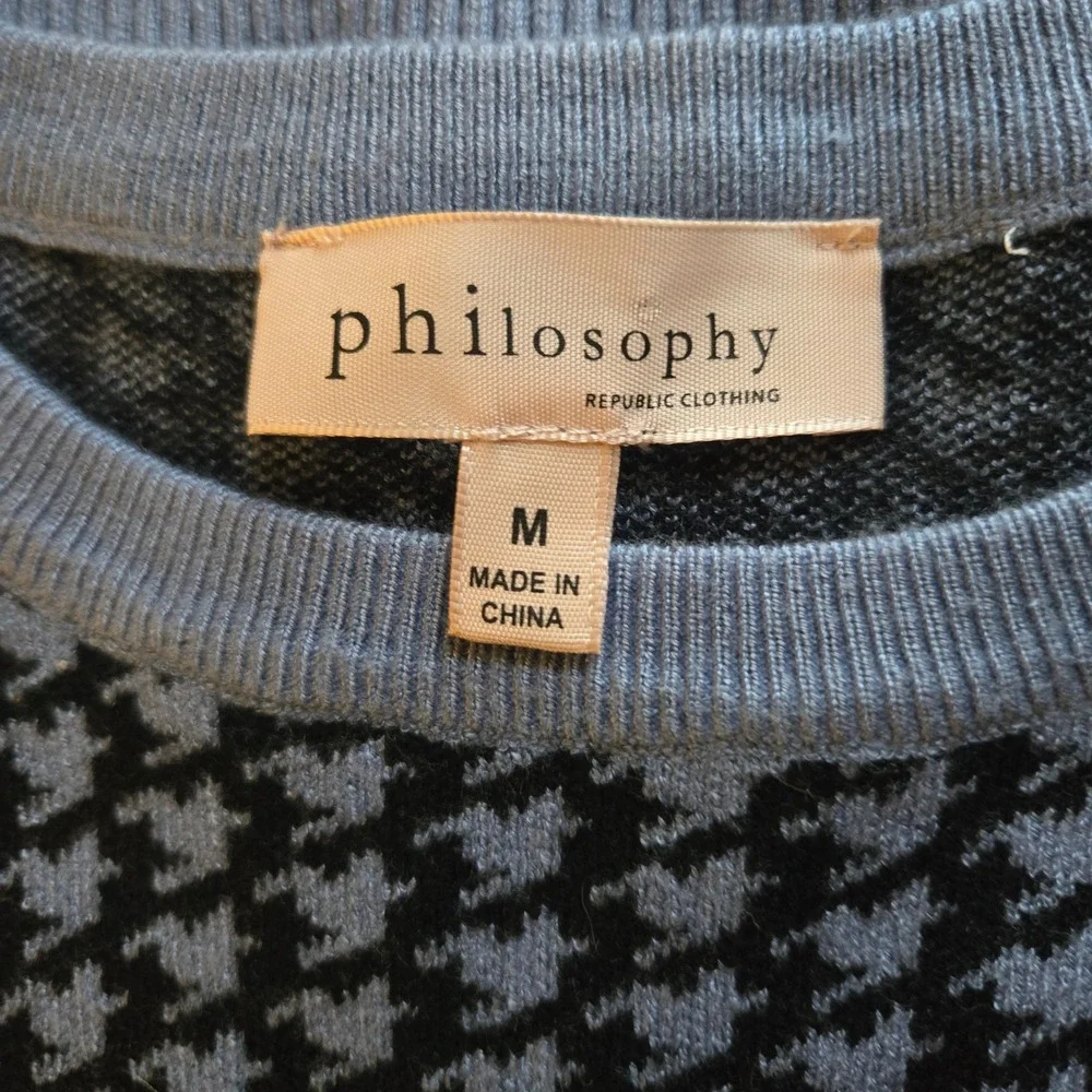Philosophy Republic Clothing Houndstooth Puff Sleeve Sweater Blue Black Size‎ M